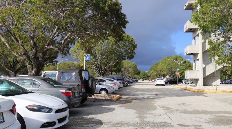 A view of the parking lot.