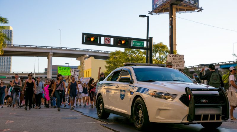 Image of protesters next to police.